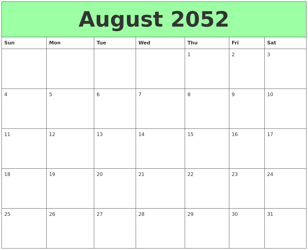 August 2052 Printable Calendars