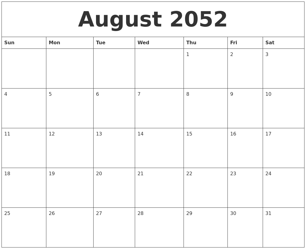 August 2052 Printable December Calendar