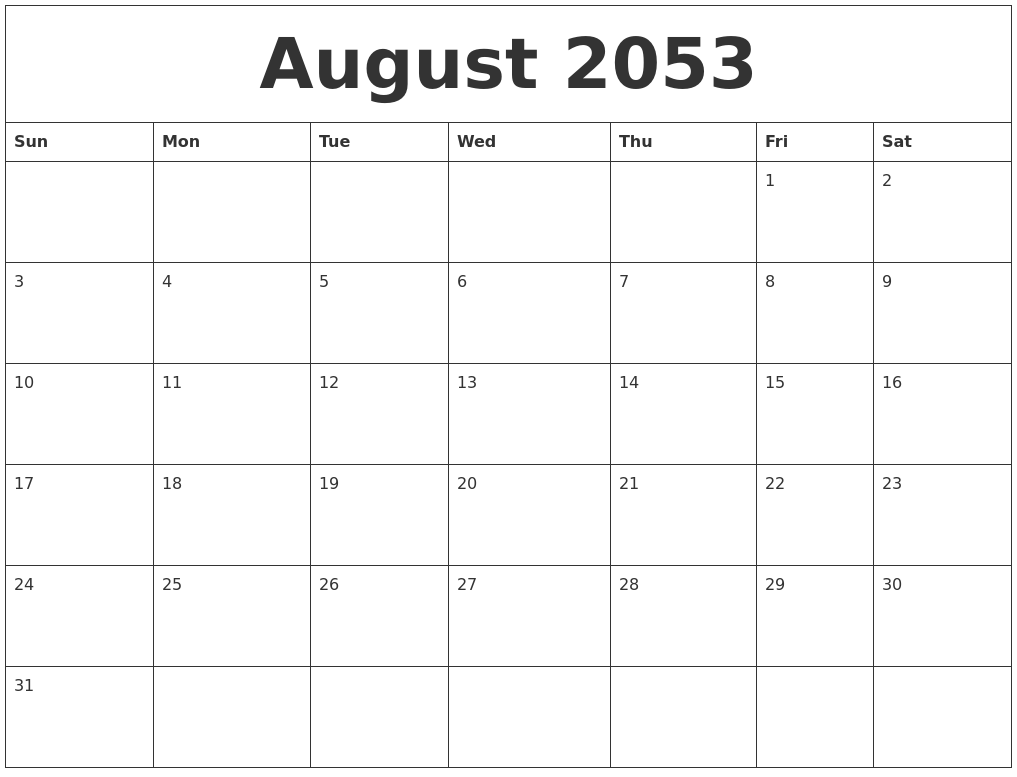 August 2053 Birthday Calendar Template