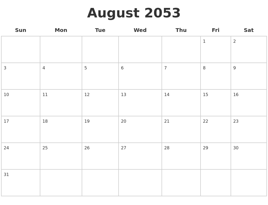 August 2053 Blank Calendar Pages