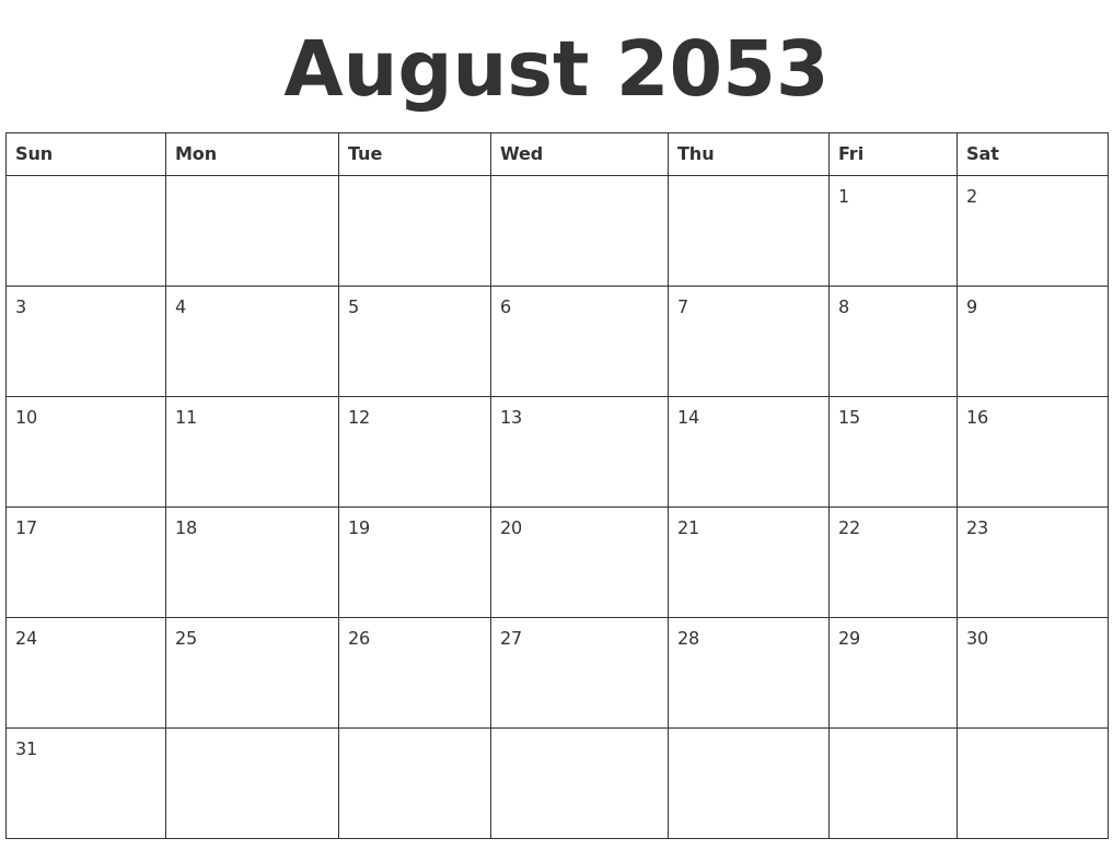 August 2053 Blank Calendar Template