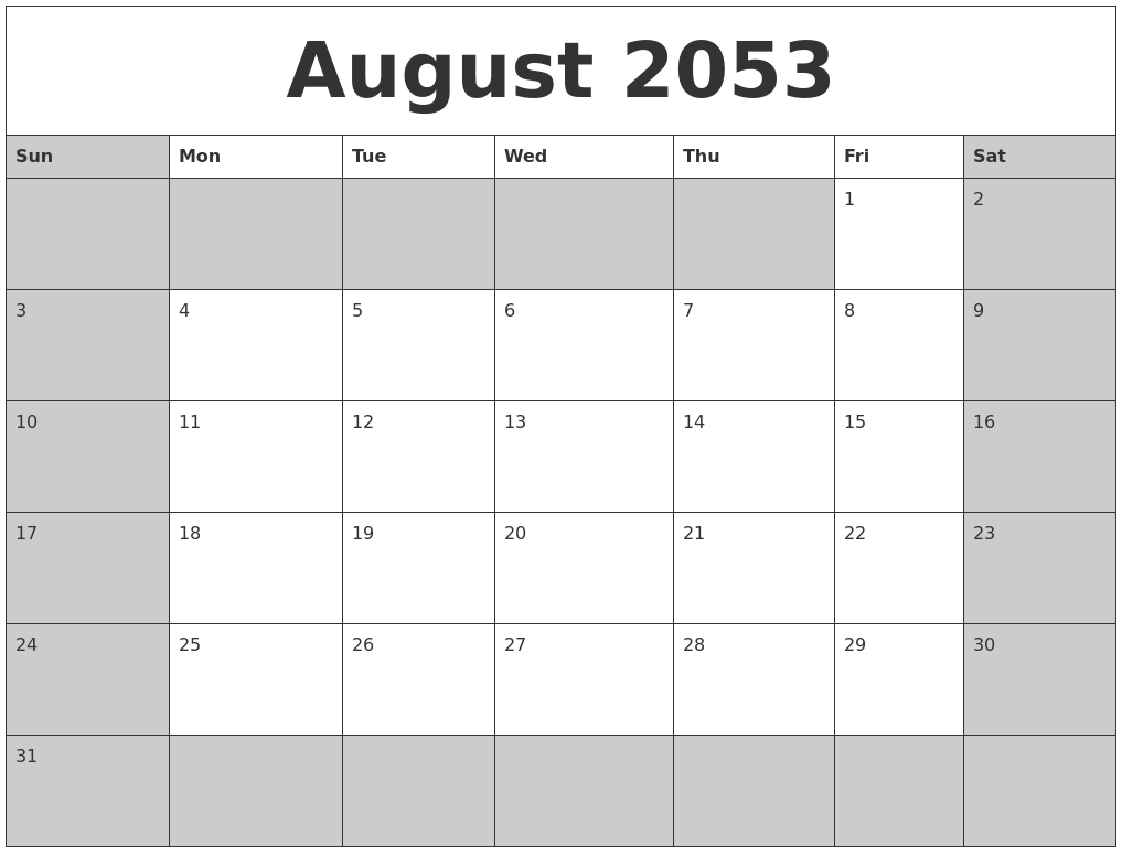 August 2053 Calanders