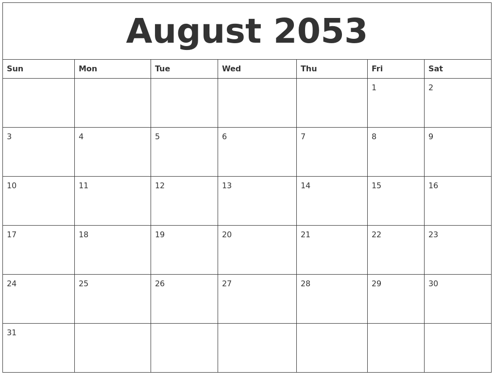 August 2053 Calendar Layout