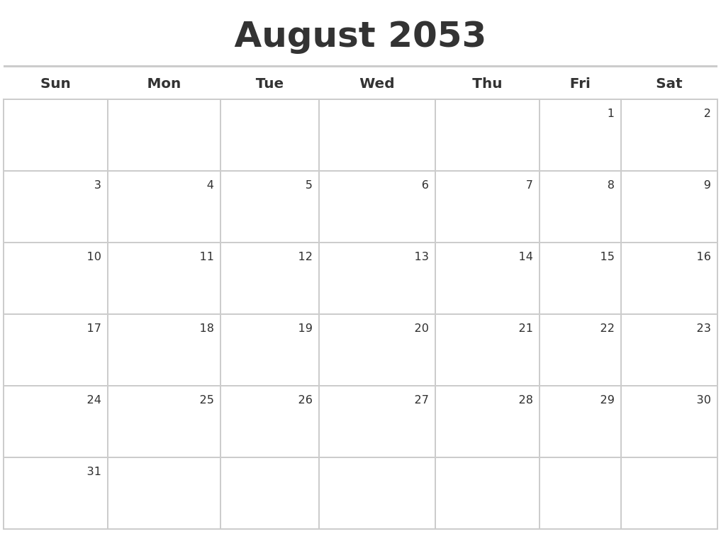 August 2053 Calendar Maker