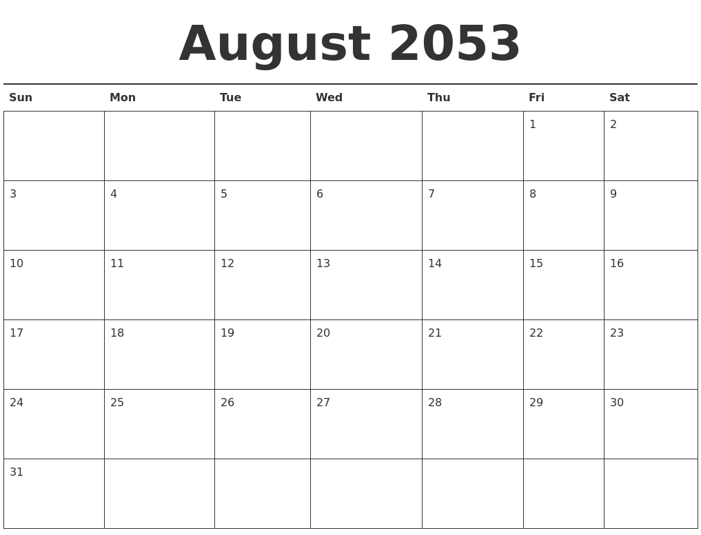 August 2053 Calendar Printable
