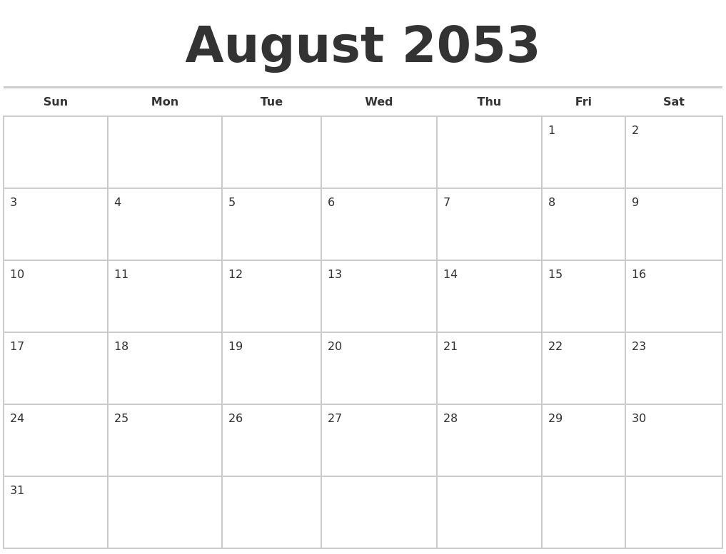 August 2053 Calendars Free