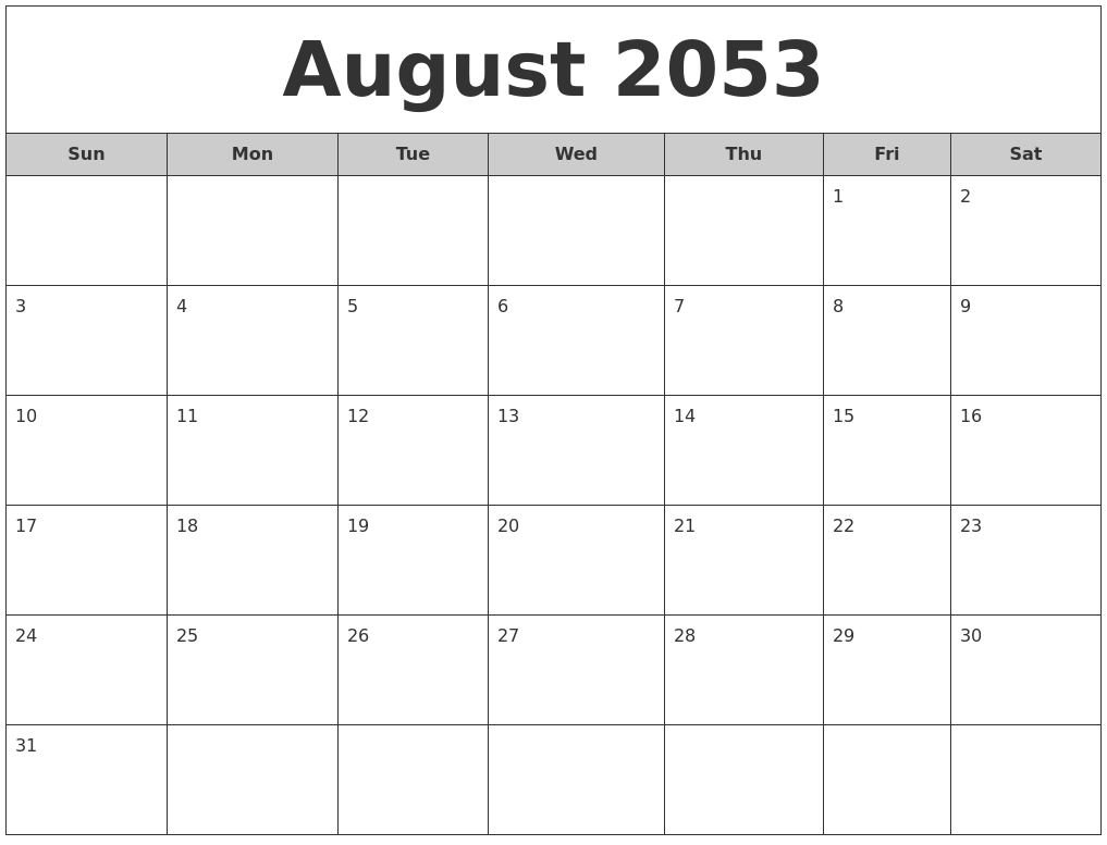 August 2053 Free Monthly Calendar