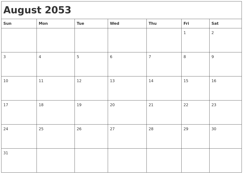 August 2053 Month Calendar