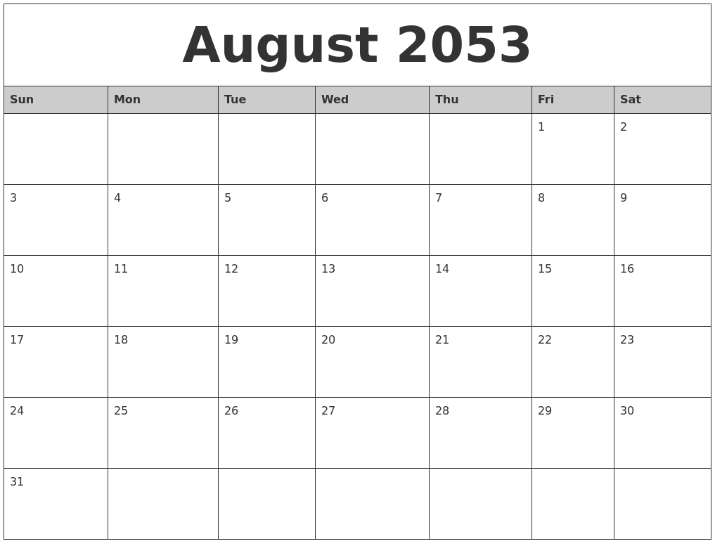 August 2053 Monthly Calendar Printable