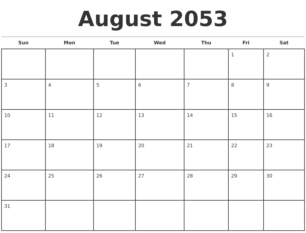 August 2053 Monthly Calendar Template
