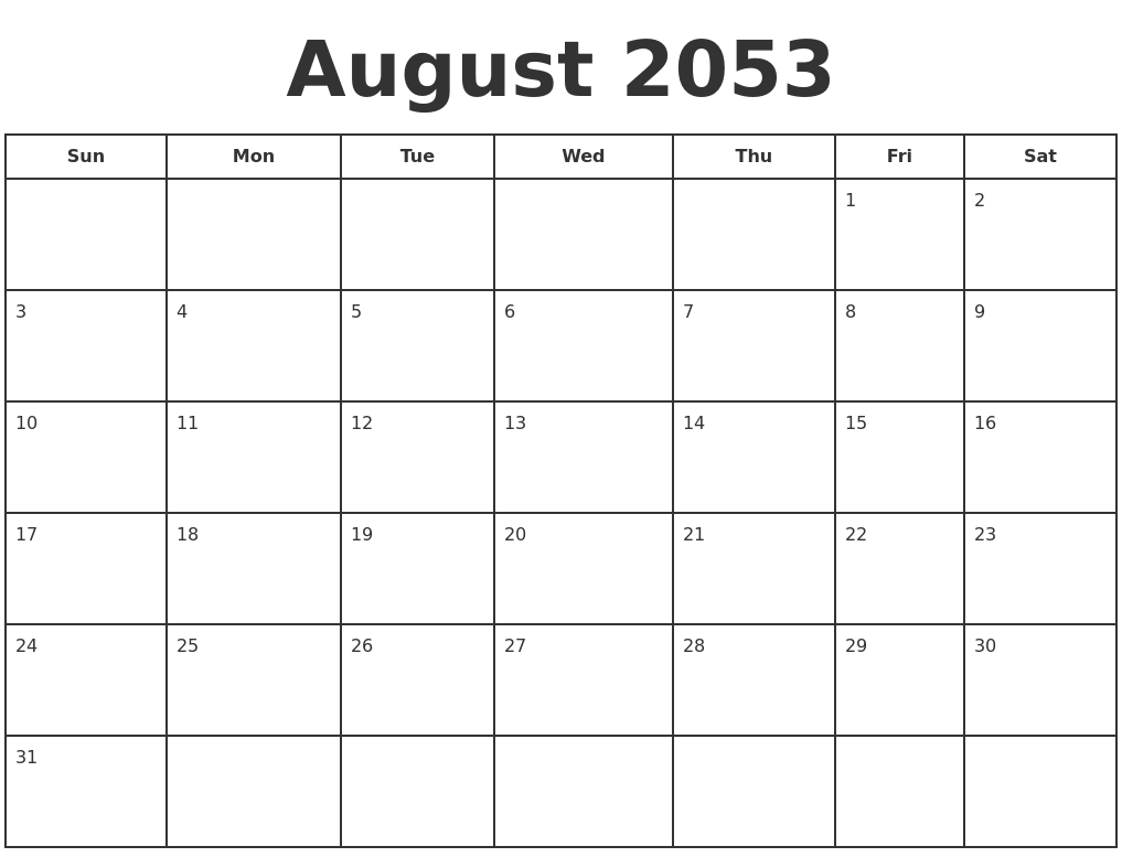 August 2053 Print A Calendar