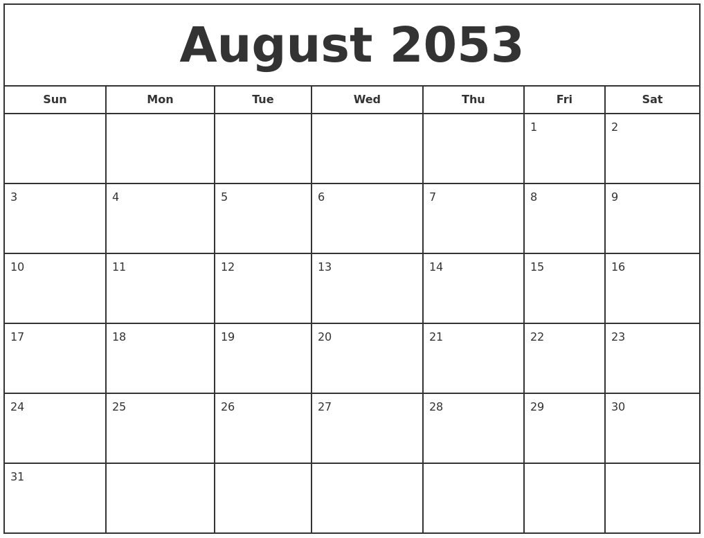 August 2053 Print Free Calendar