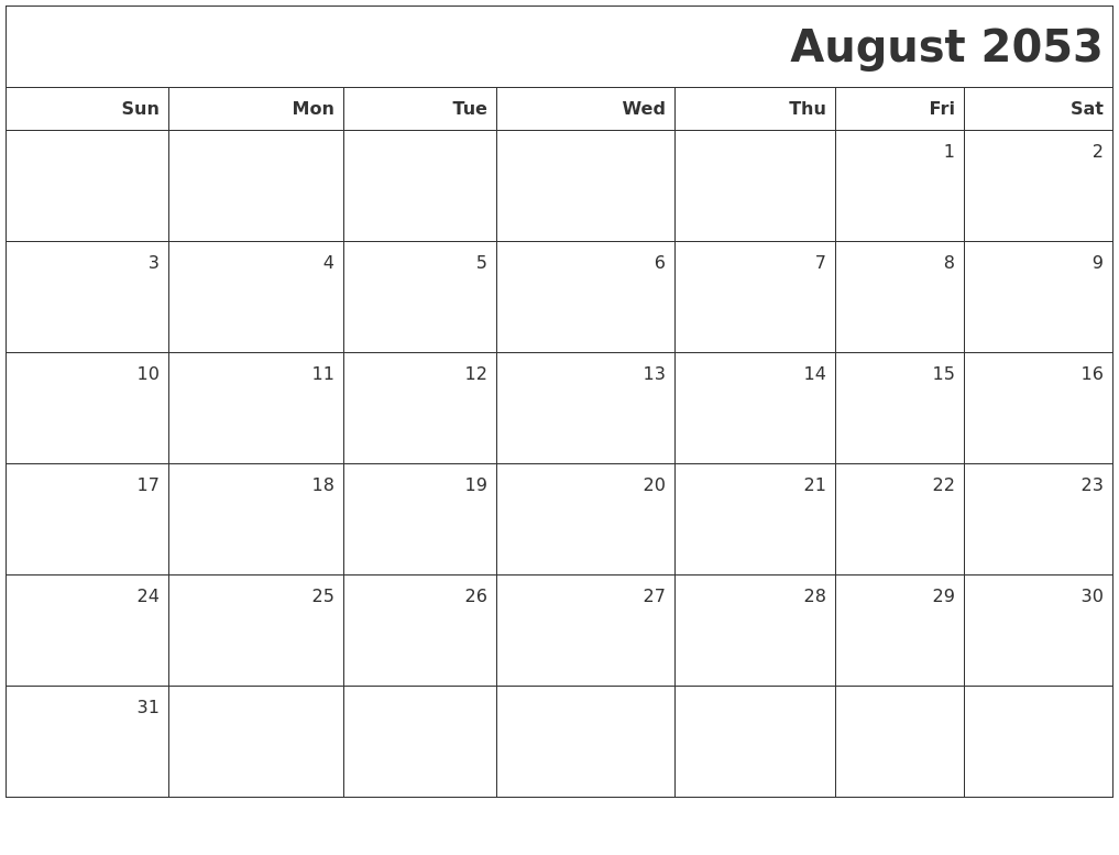 August 2053 Printable Blank Calendar