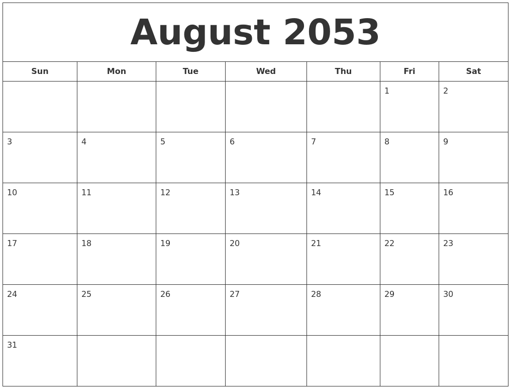 August 2053 Printable Calendar