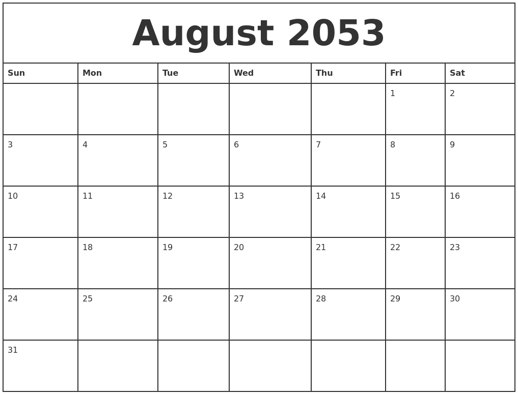 August 2053 Printable Monthly Calendar