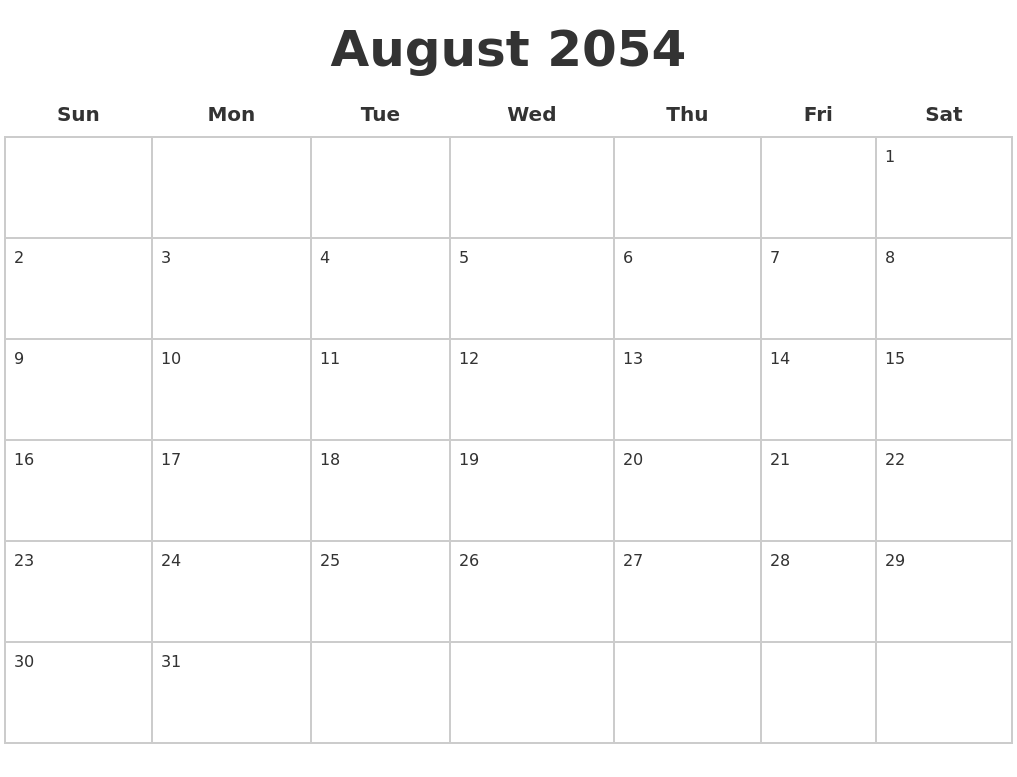 August 2054 Blank Calendar Pages