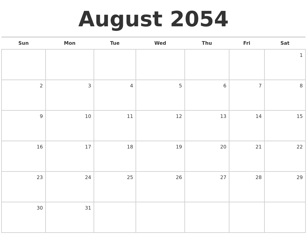 August 2054 Blank Monthly Calendar