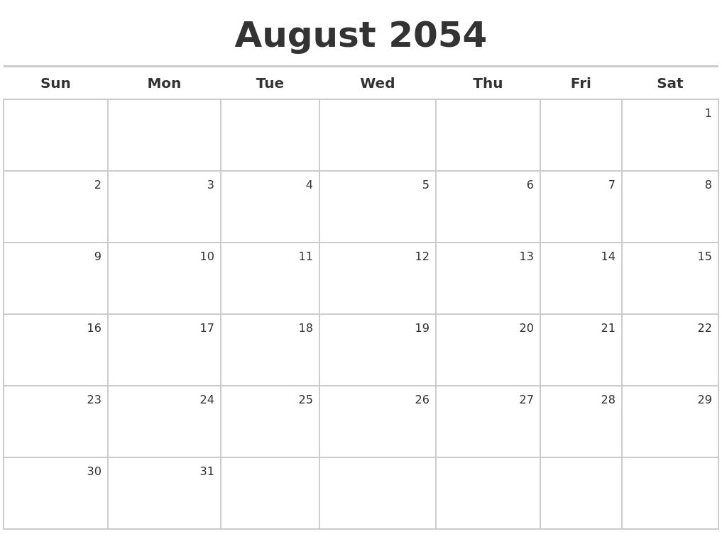 August 2054 Calendar Maker