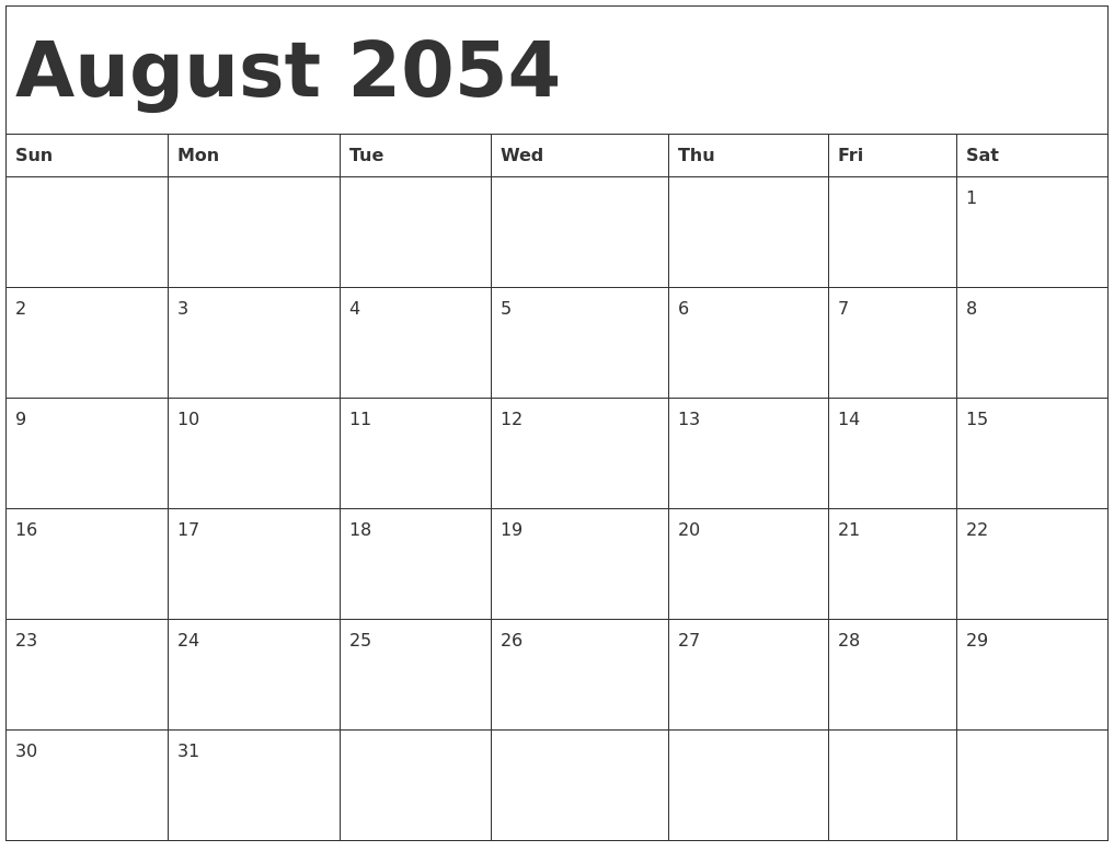 August 2054 Calendar Template