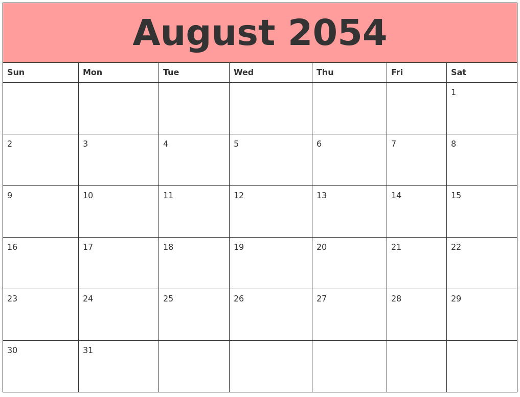August 2054 Calendars That Work