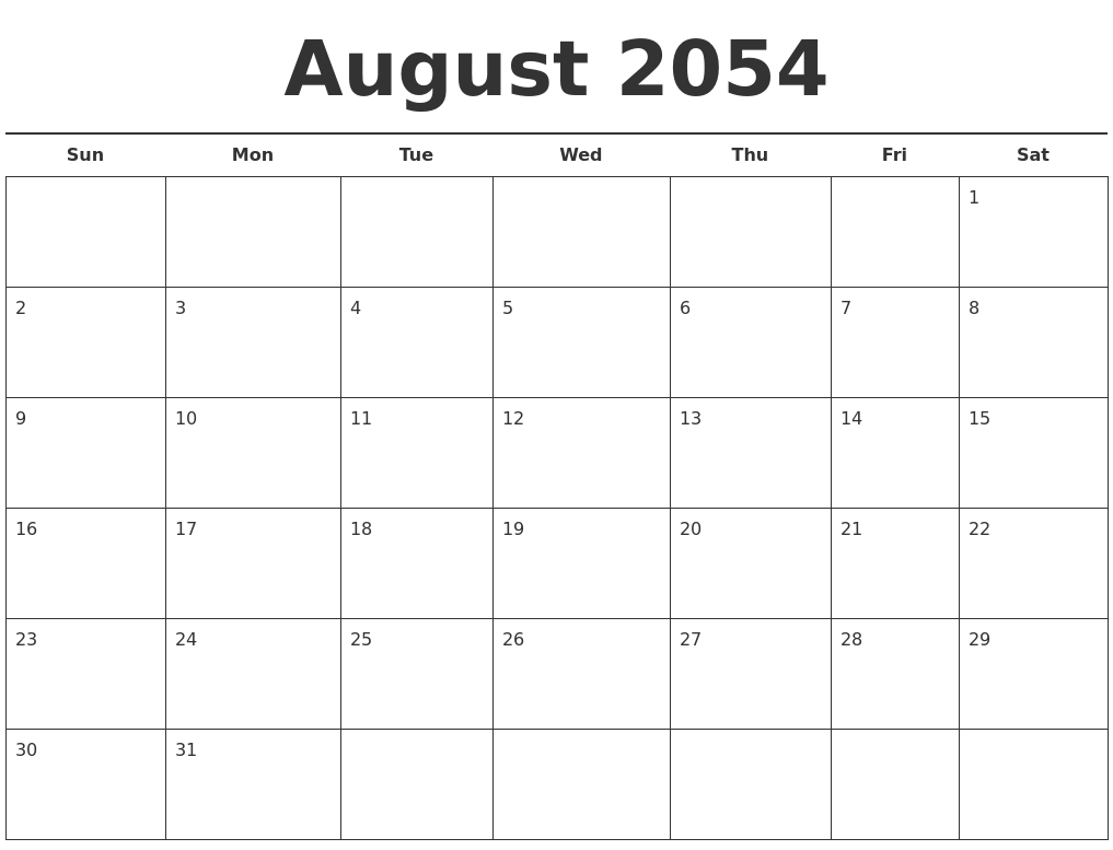 August 2054 Free Calendar Template
