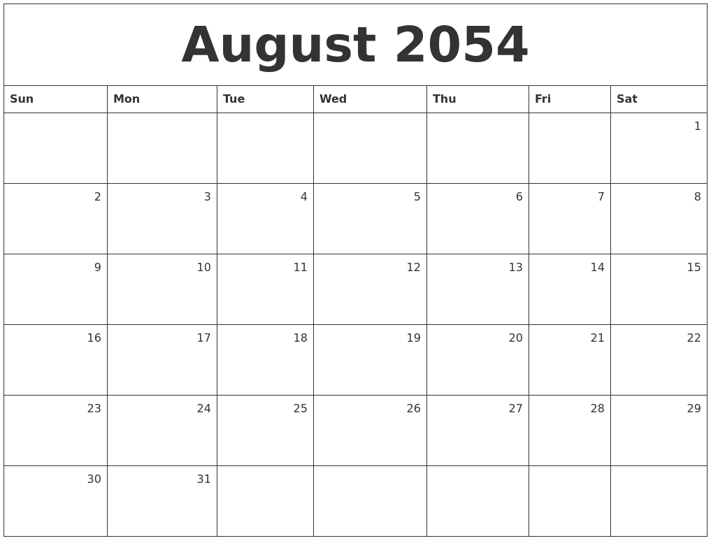 August 2054 Monthly Calendar