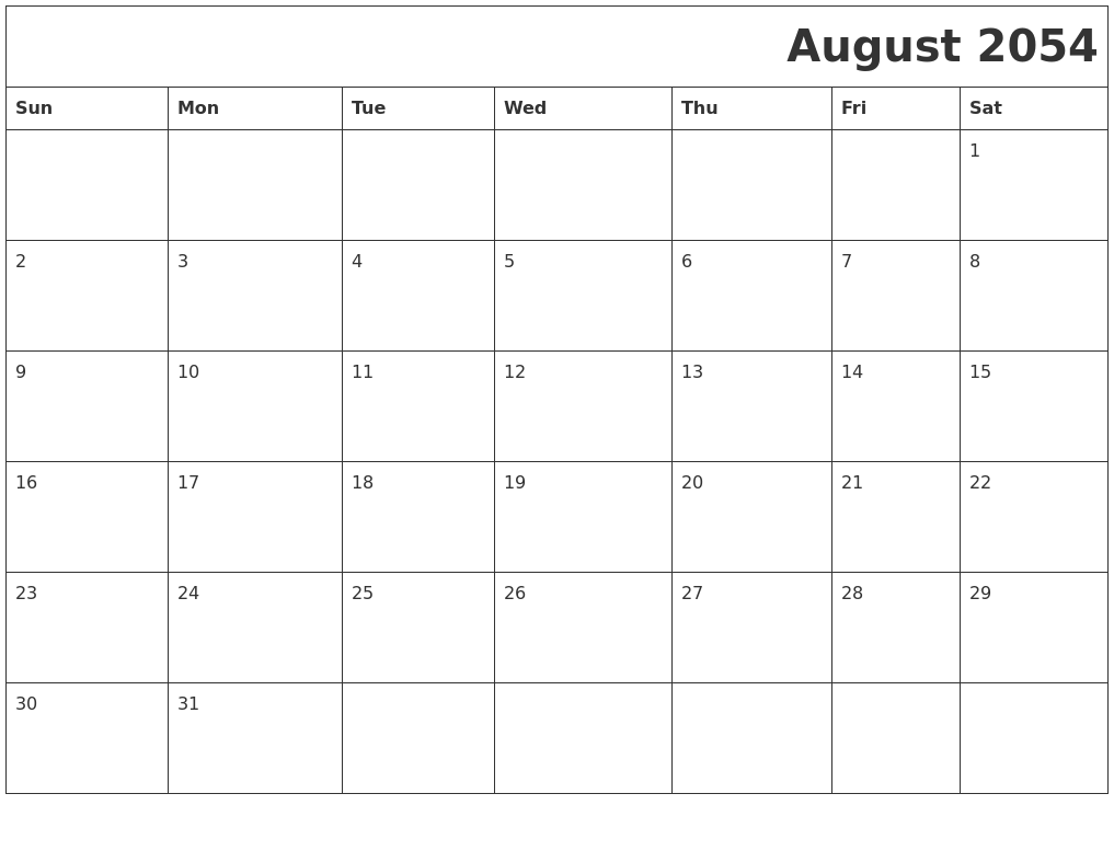 August 2054 Printable Calender