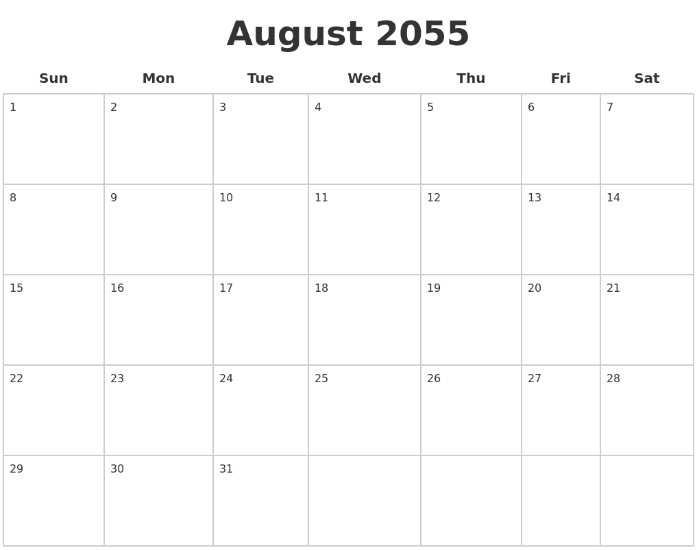 August 2055 Blank Calendar Pages