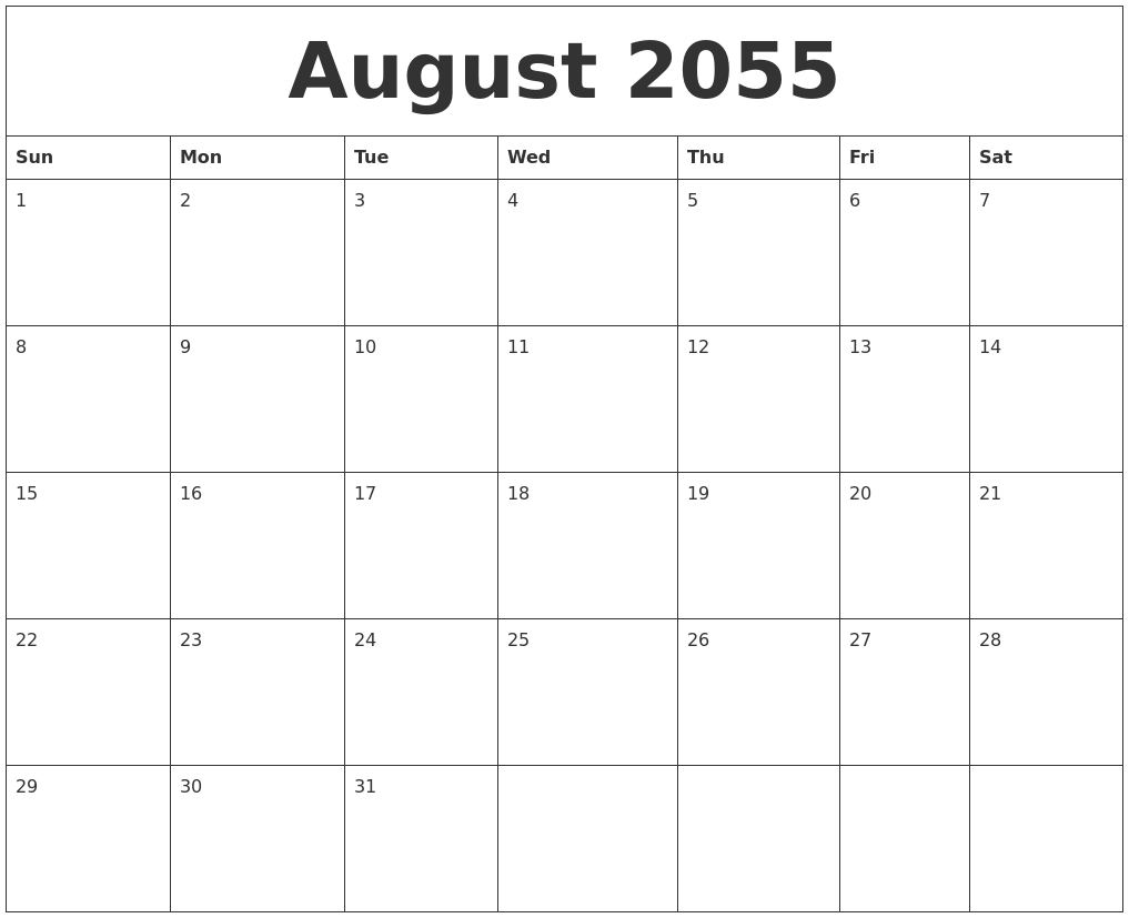 August 2055 Calendar For Printing