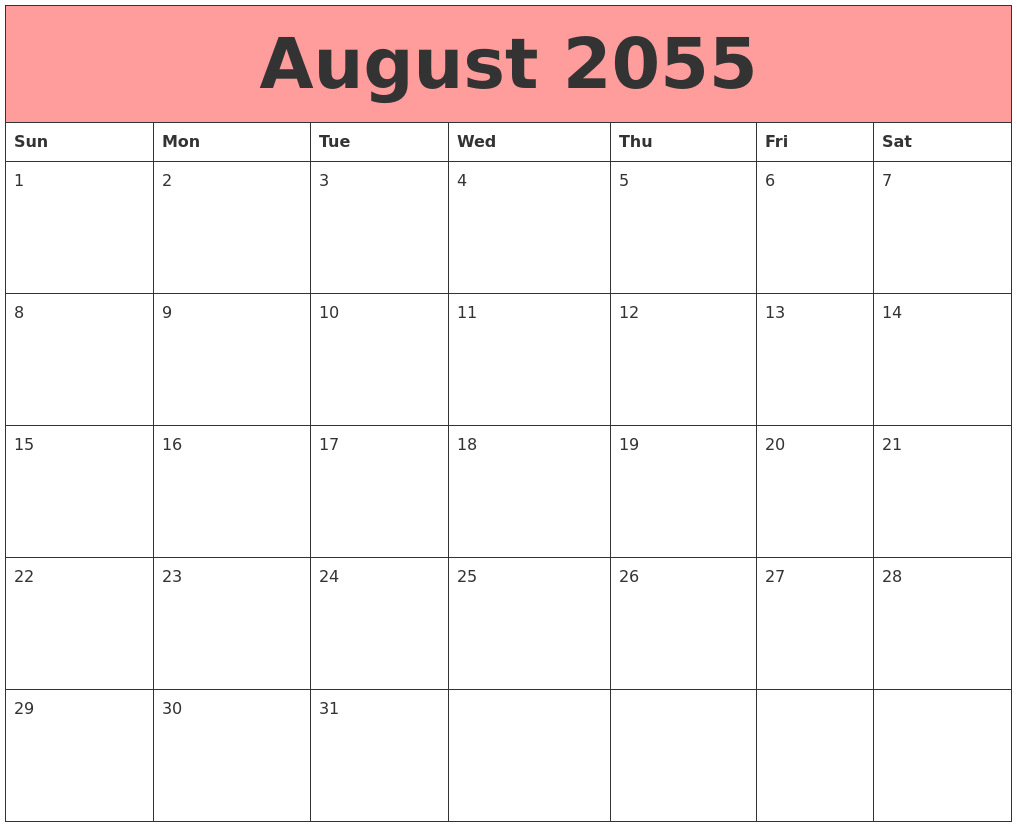 August 2055 Calendars That Work