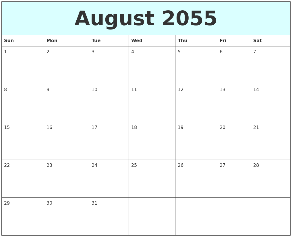 August 2055 Free Calendar