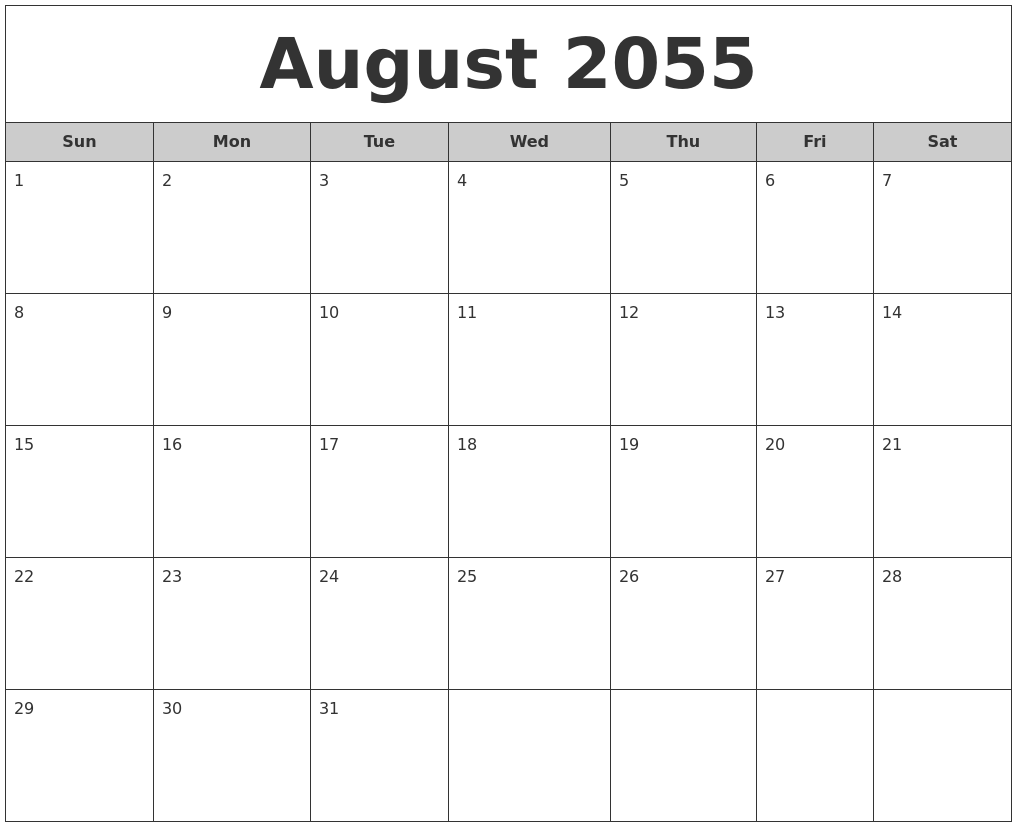 August 2055 Free Monthly Calendar