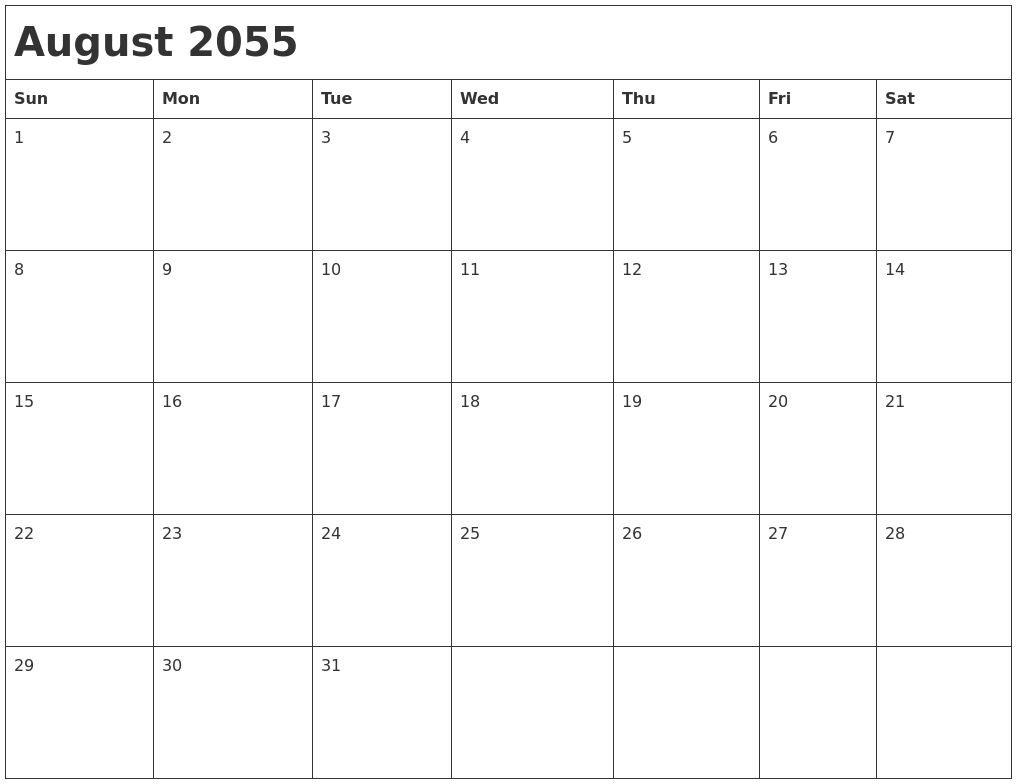 August 2055 Month Calendar