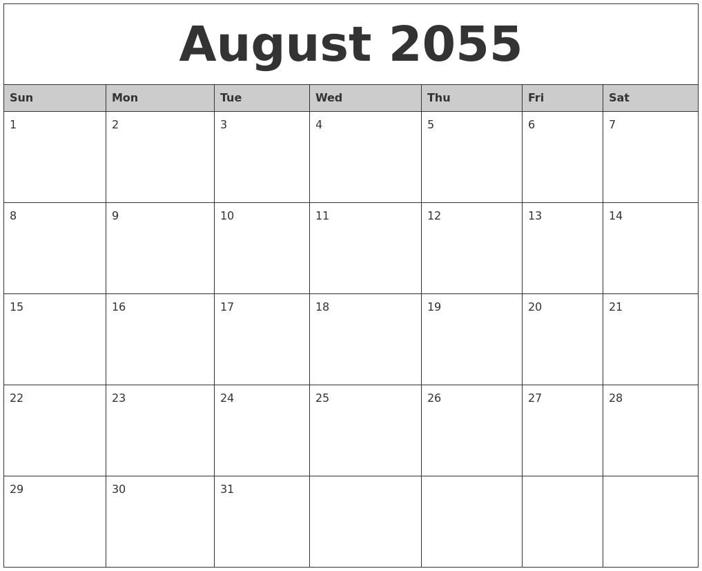 August 2055 Monthly Calendar Printable