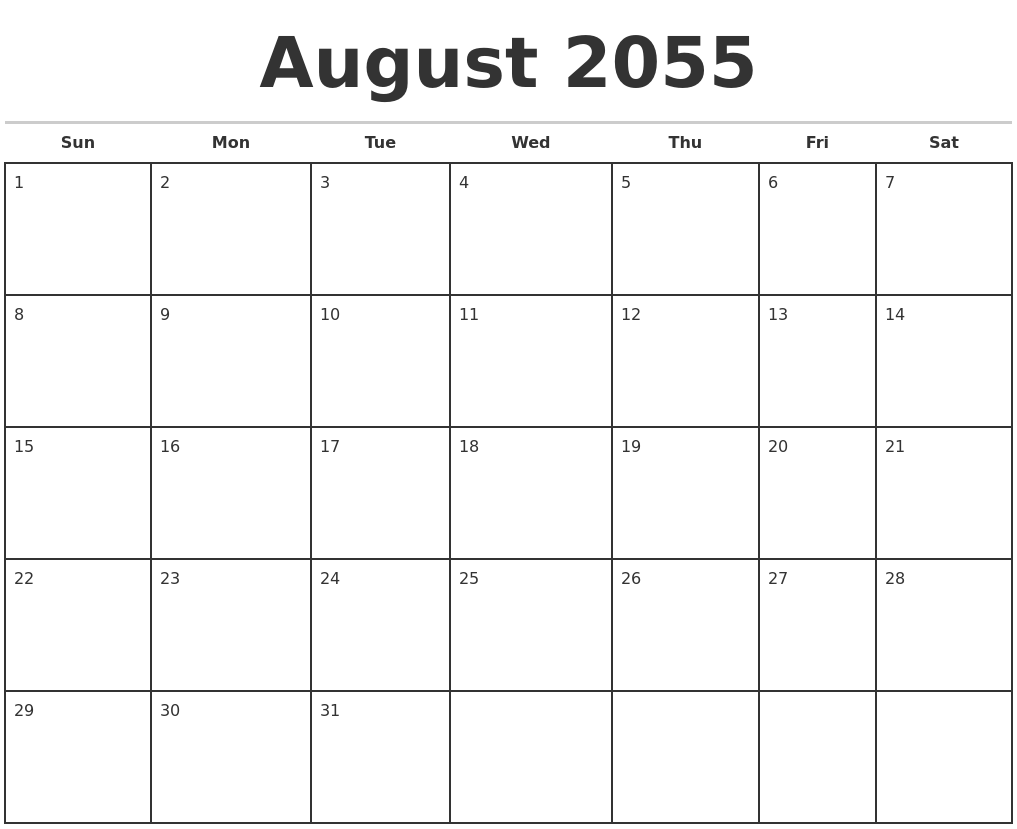 August 2055 Monthly Calendar Template