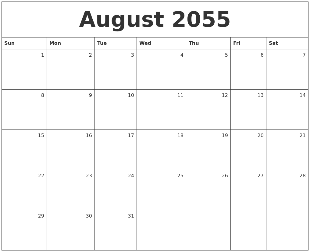 August 2055 Monthly Calendar