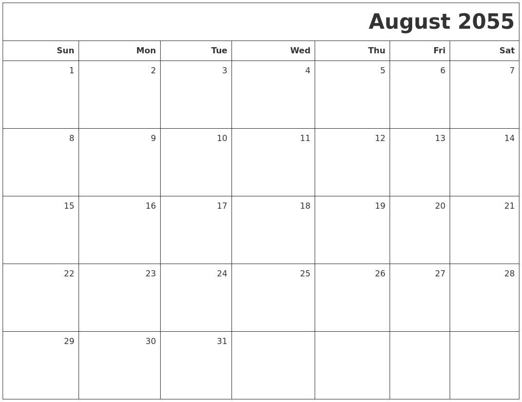 August 2055 Printable Blank Calendar