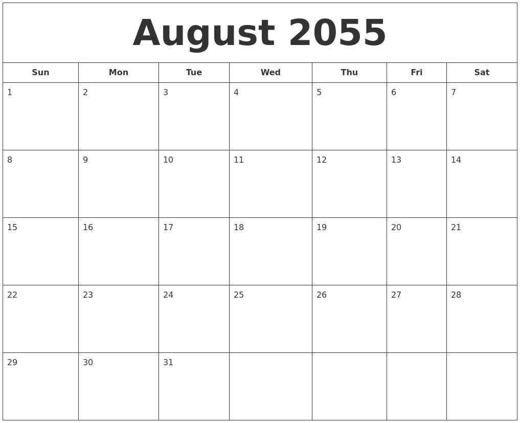 August 2055 Printable Calendar