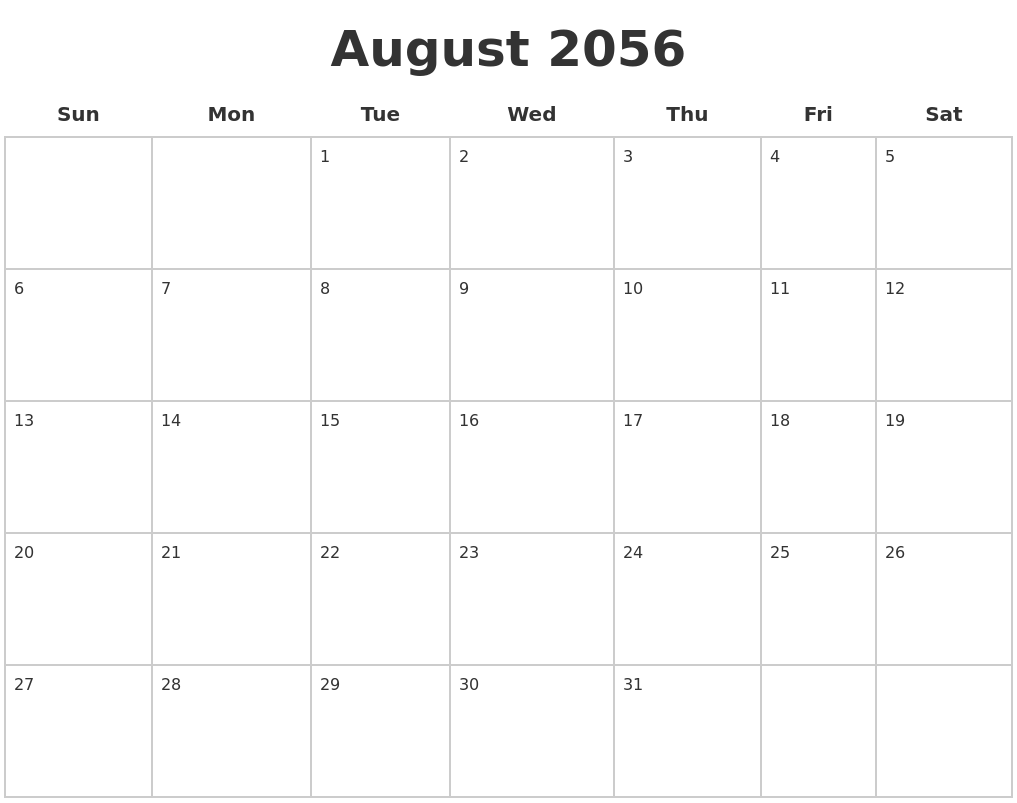 August 2056 Blank Calendar Pages