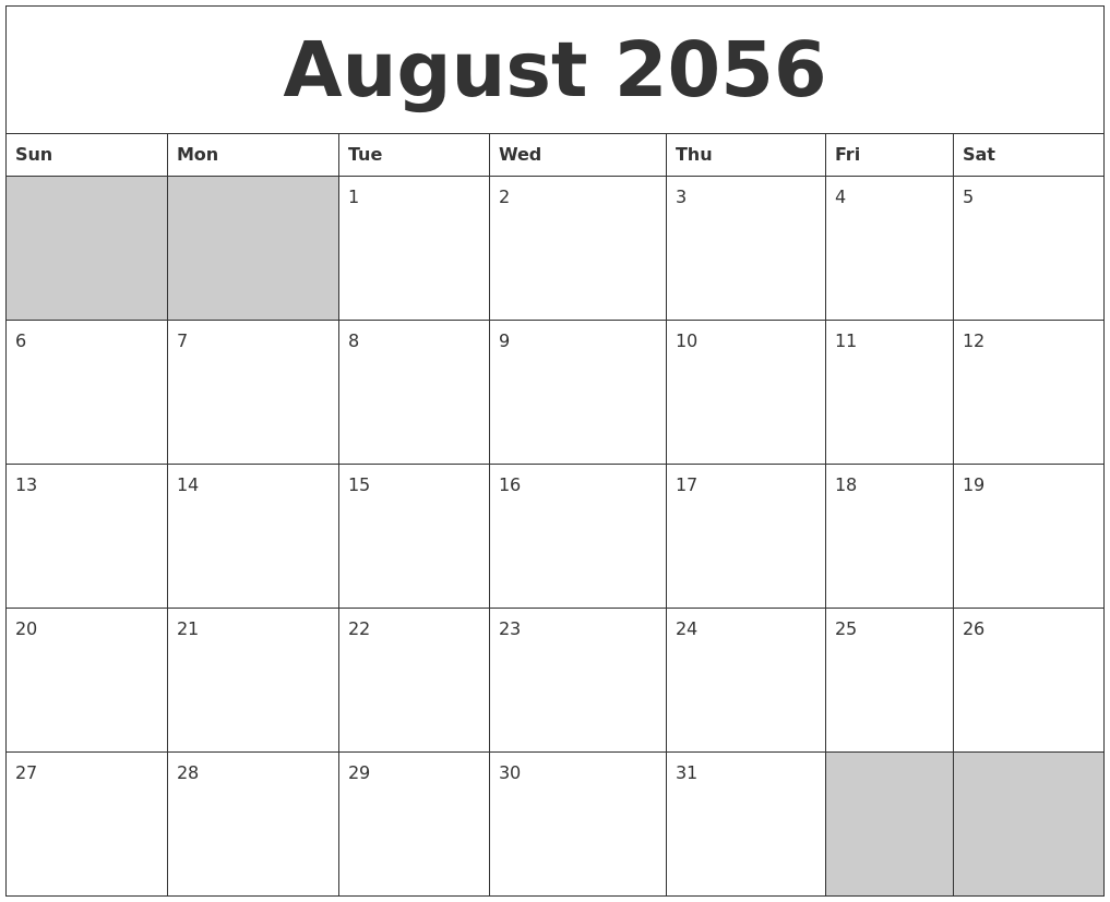 August 2056 Blank Printable Calendar