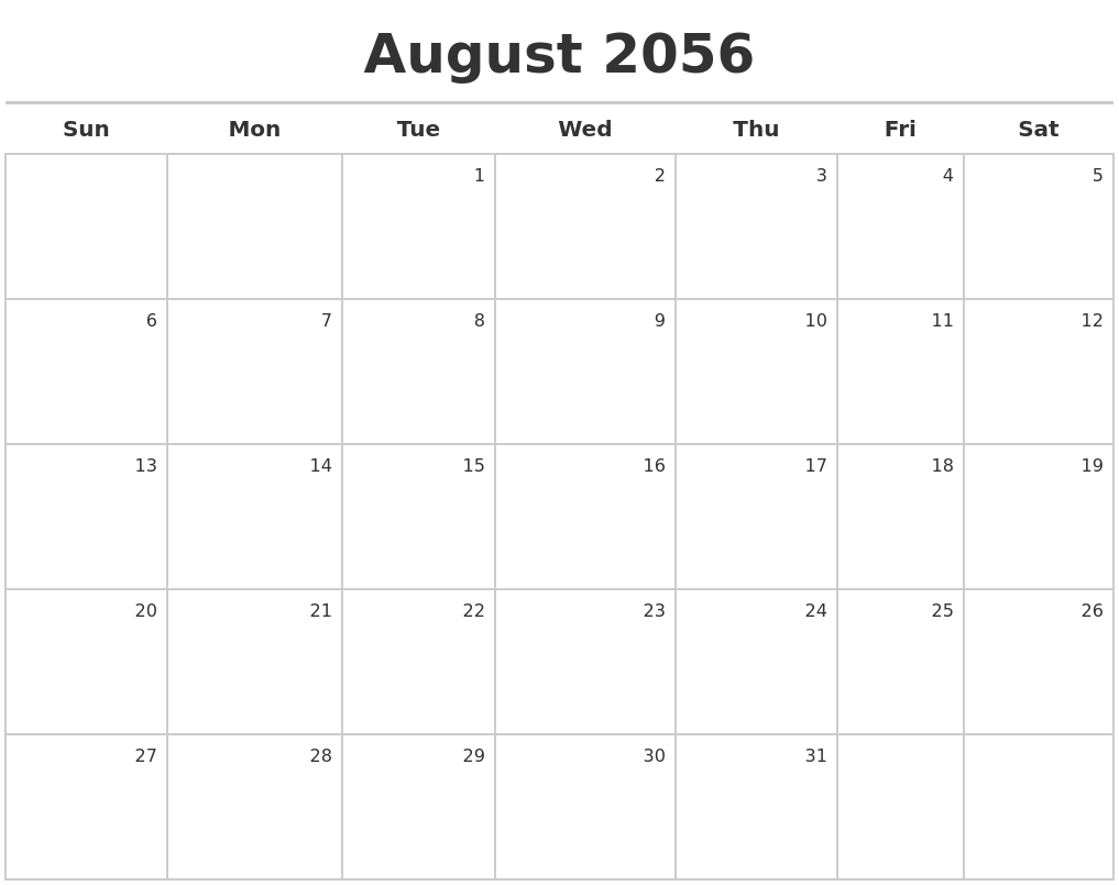 August 2056 Calendar Maker