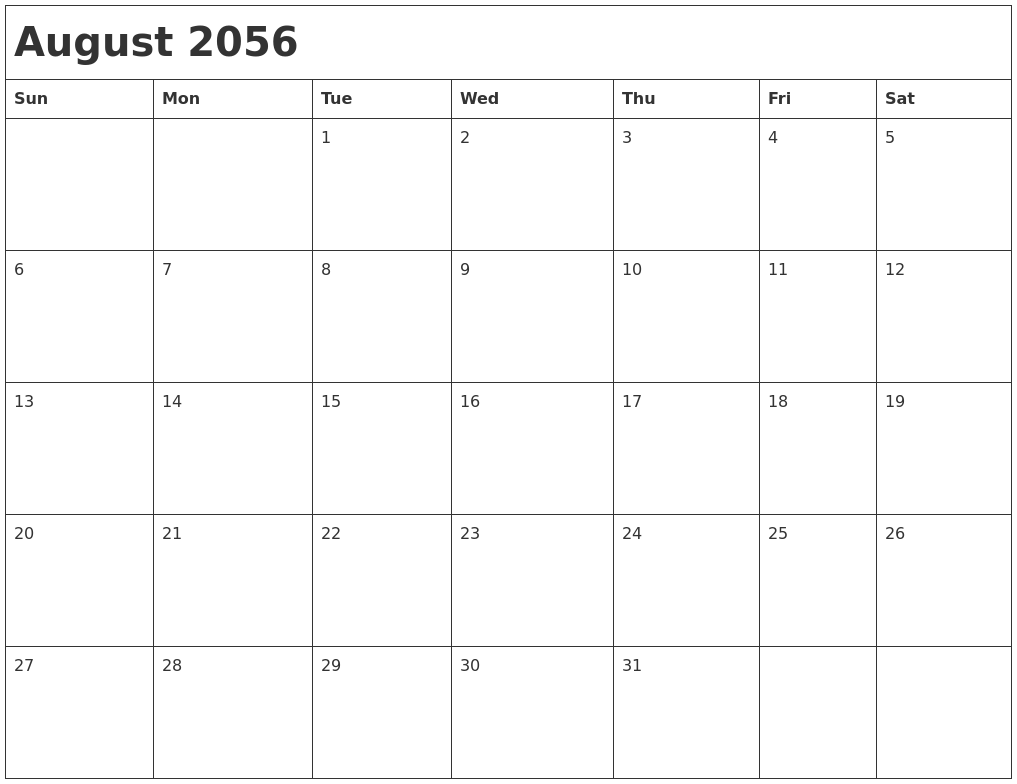 August 2056 Month Calendar