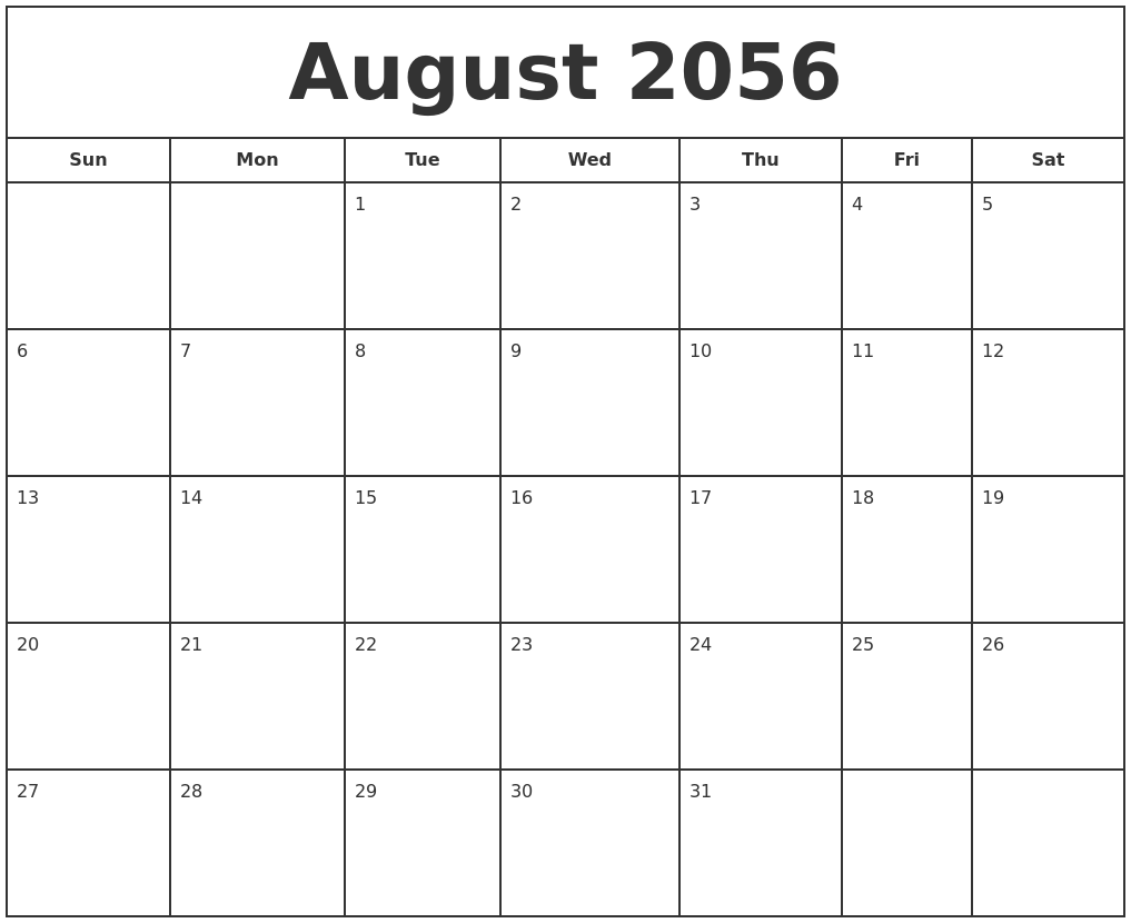 August 2056 Print Free Calendar