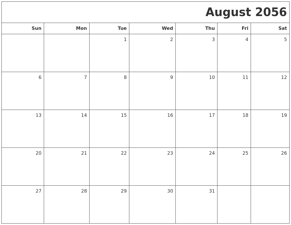 August 2056 Printable Blank Calendar