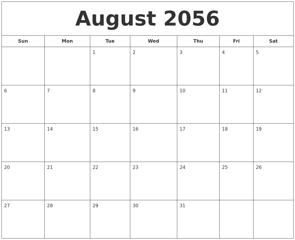 August 2056 Printable Calendar