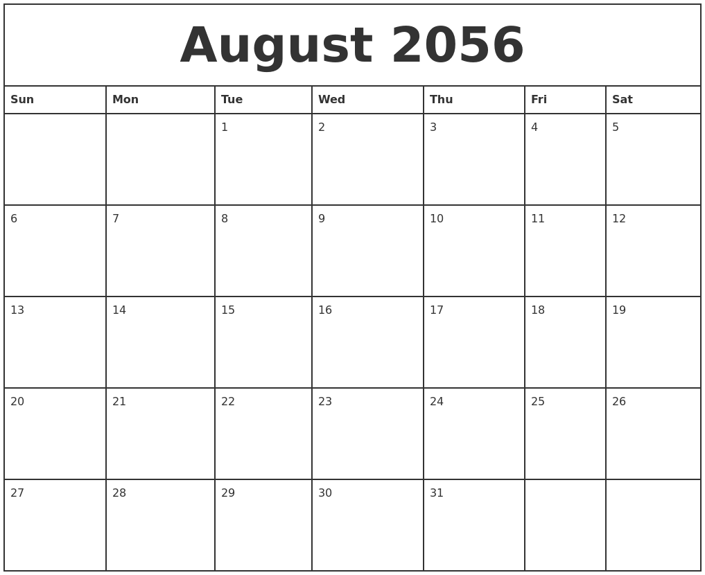 August 2056 Printable Monthly Calendar