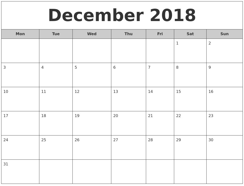 December 2018 Free Monthly Calendar