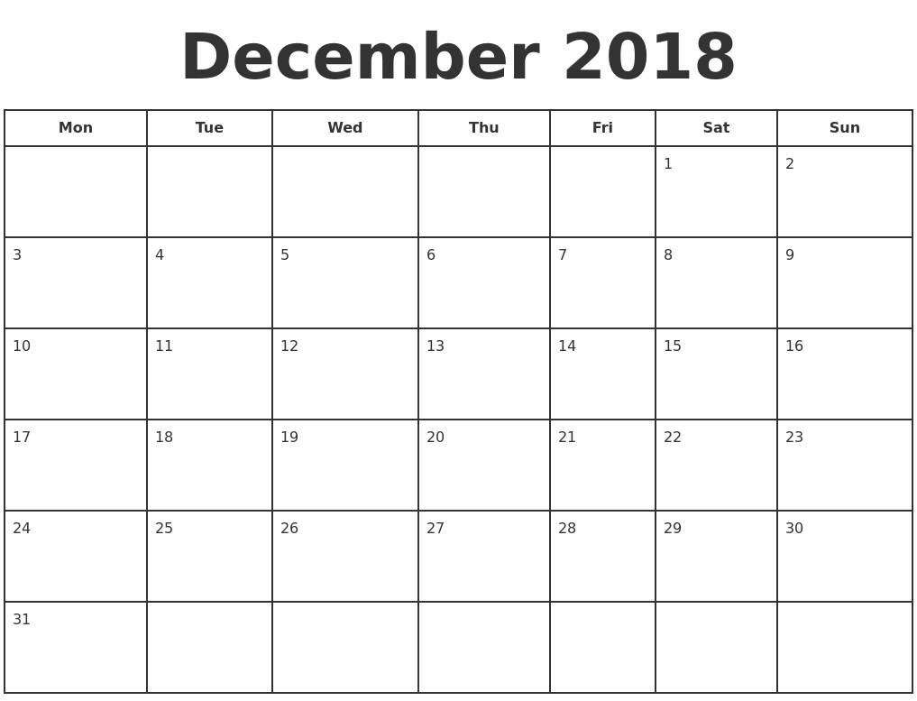 December 2018 Print A Calendar