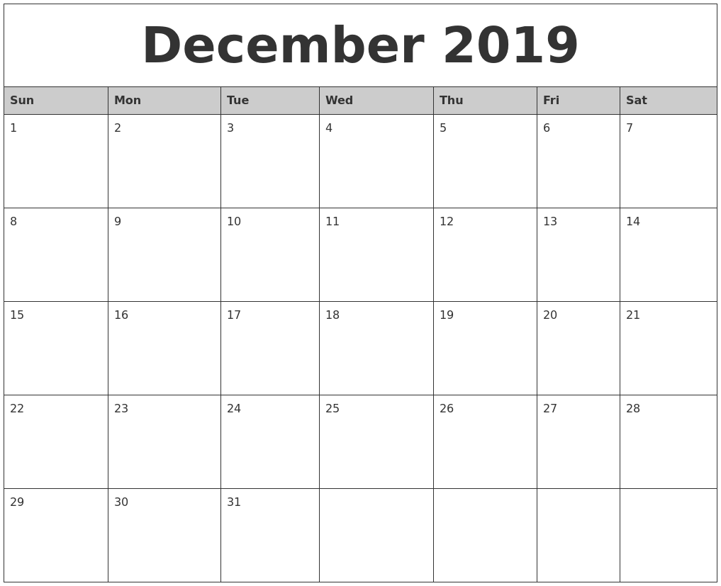 December 2019 Monthly Calendar Printable