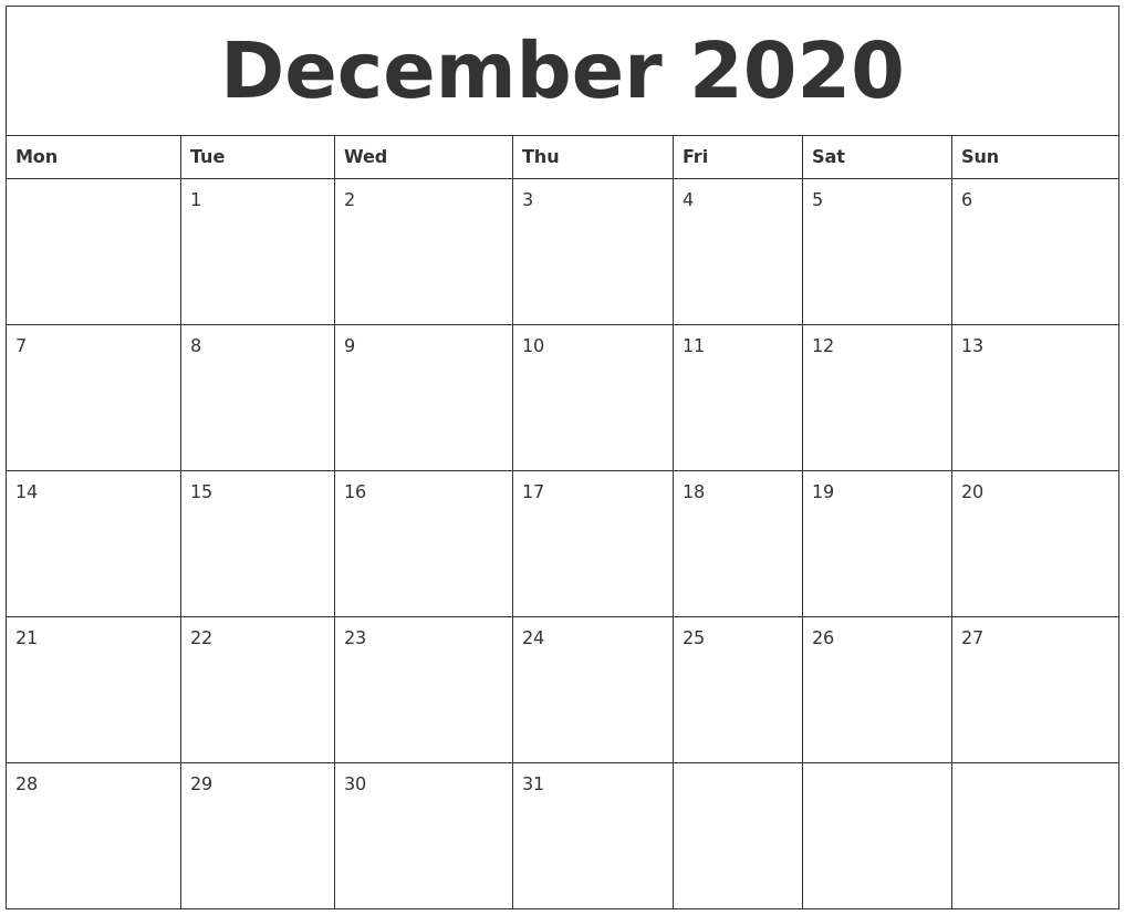 December 2020 Calendar Pages